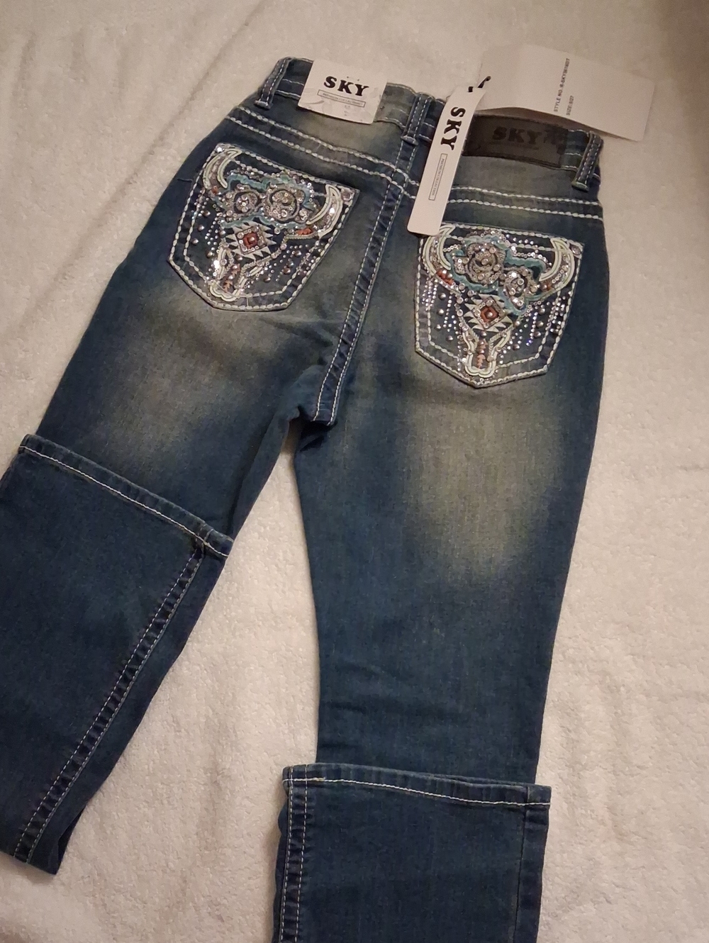 NWT SKY Bull Steer Skull Embroidered Rhinestone Western Jeans